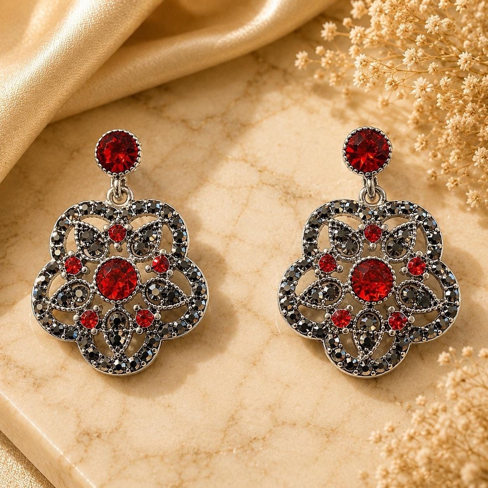 Vtg‎ Liz Claiborne Victorian Revival Red Crystal Earrings Sample One of a Kind